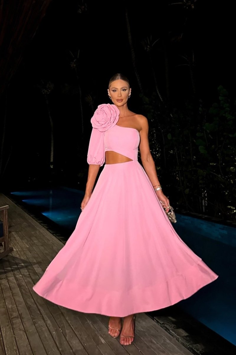 One Shoulder Floral Applique Puff Sleeve Cut Out A-Line Maxi Gown
