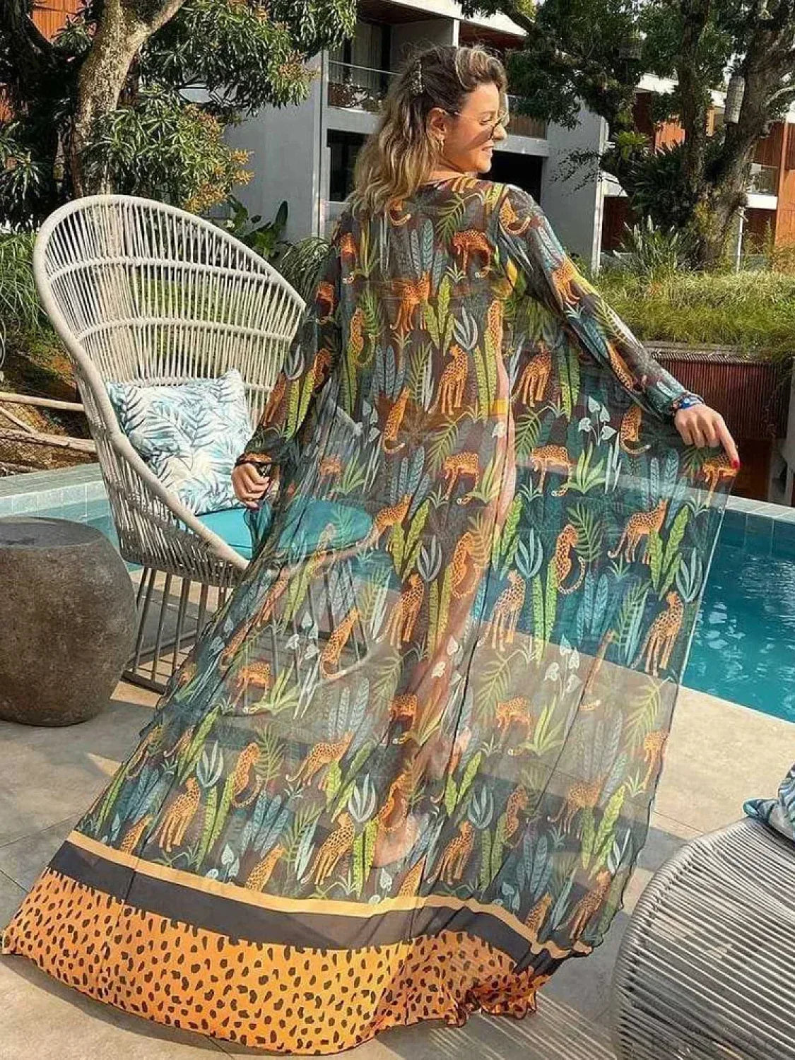 Leaf Print Mesh Beach Cover Up
