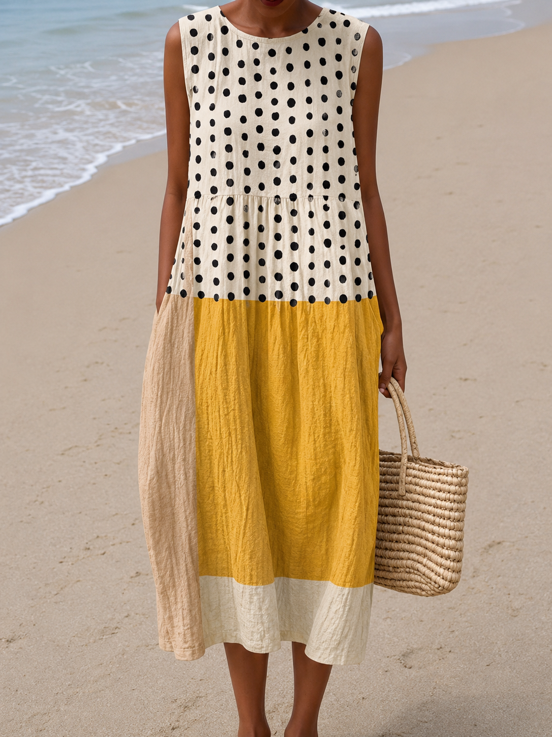 Crew Neck Sleeveless Polka Dot Colorblock Midi Dress