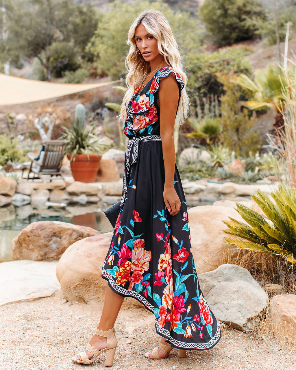 Floral Print V-Neck Wrap Maxi Dress