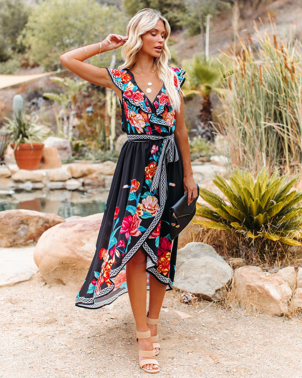 Floral Print V-Neck Wrap Maxi Dress