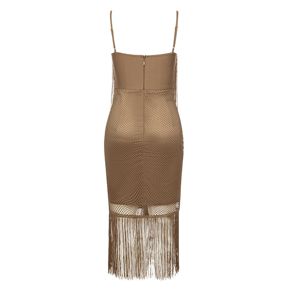 Fringe Fishnet Sweetheart Bodycon Midi Dress