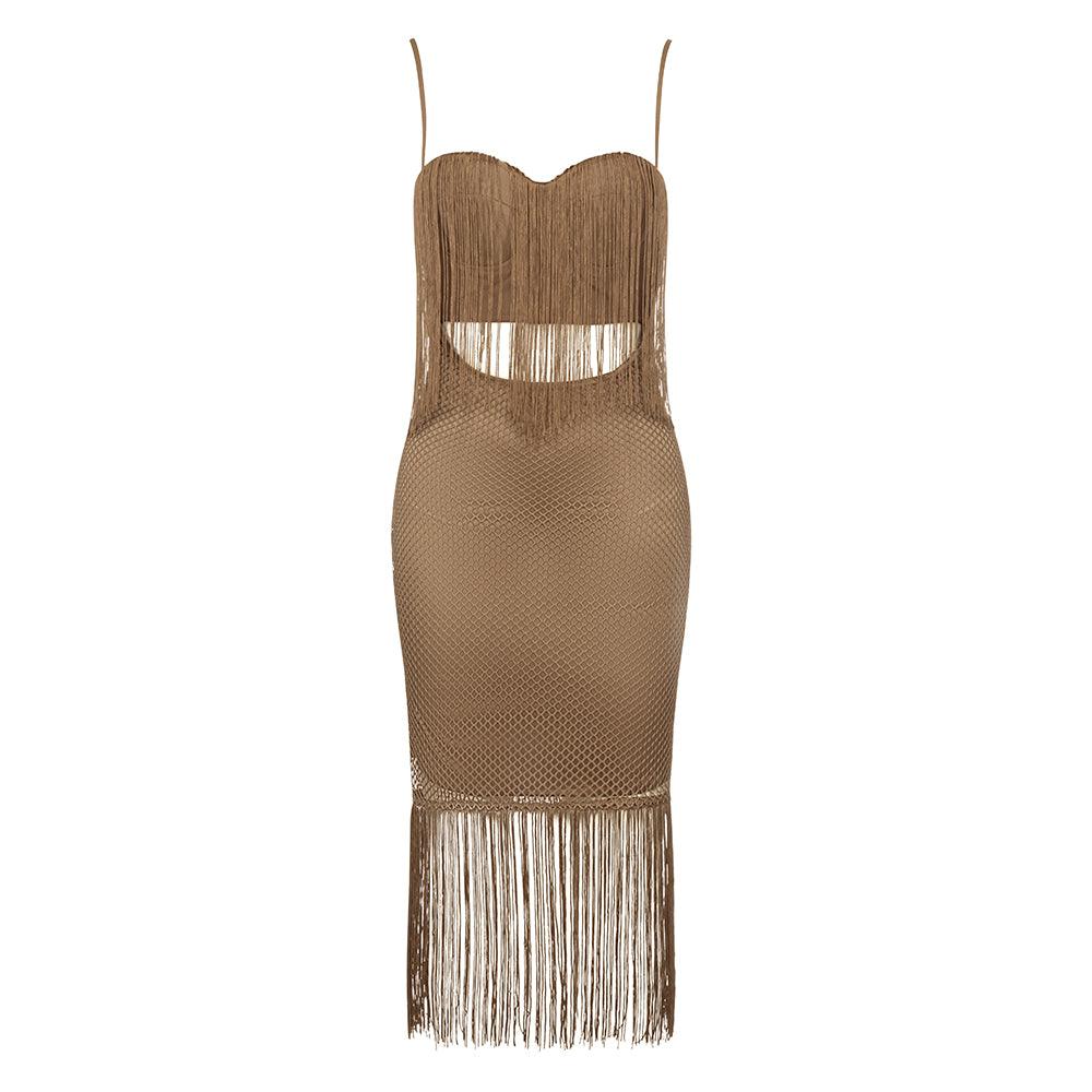 Fringe Fishnet Sweetheart Bodycon Midi Dress