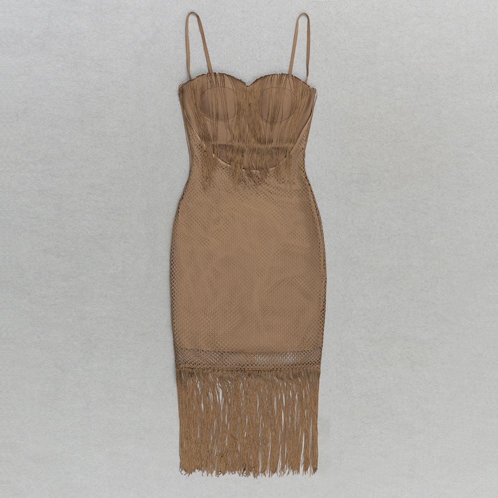Fringe Fishnet Sweetheart Bodycon Midi Dress