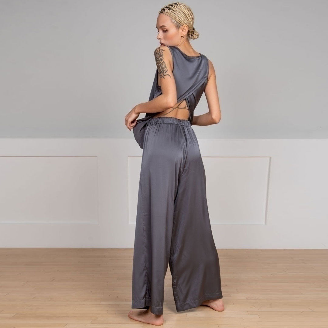 Leisure Split Back Tank Top Wide Leg Pajamas Matching Set - Dark Gray - Fashionpara