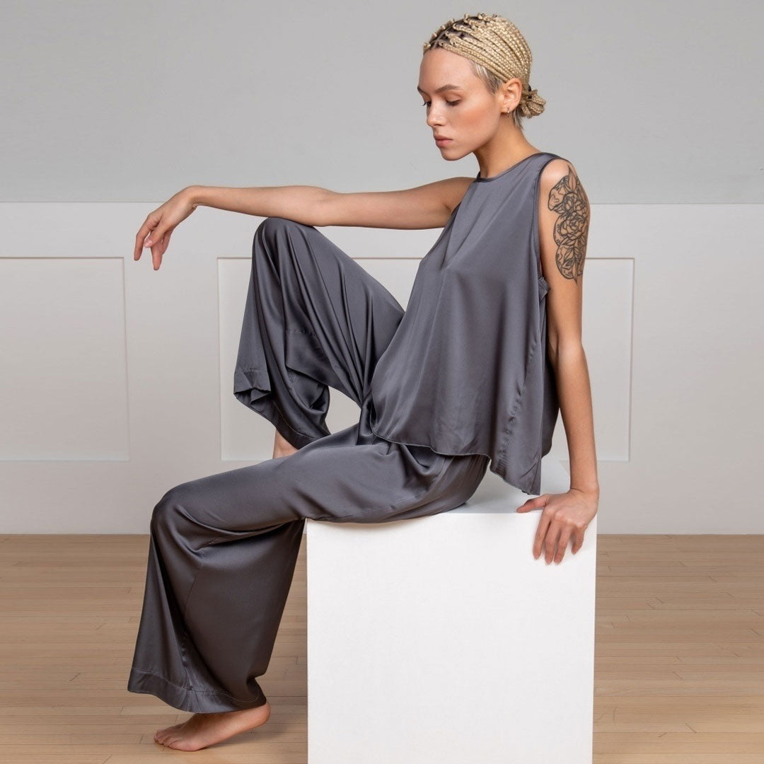 Leisure Split Back Tank Top Wide Leg Pajamas Matching Set - Dark Gray - Fashionpara