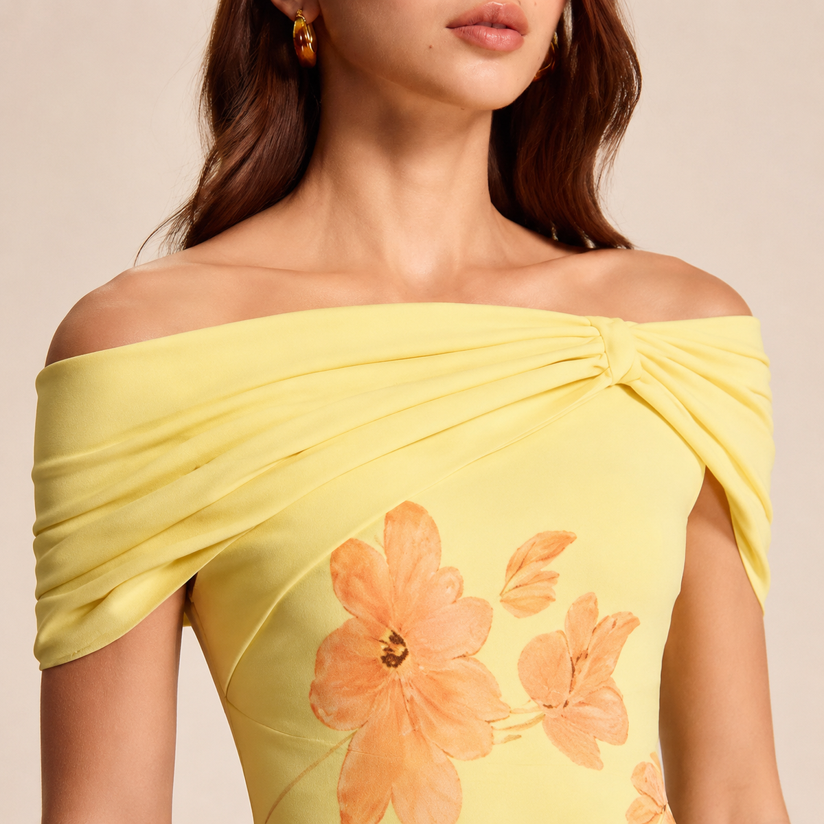 Off Shoulder Twist Front Floral High Low Fishtail Midi Dress 14