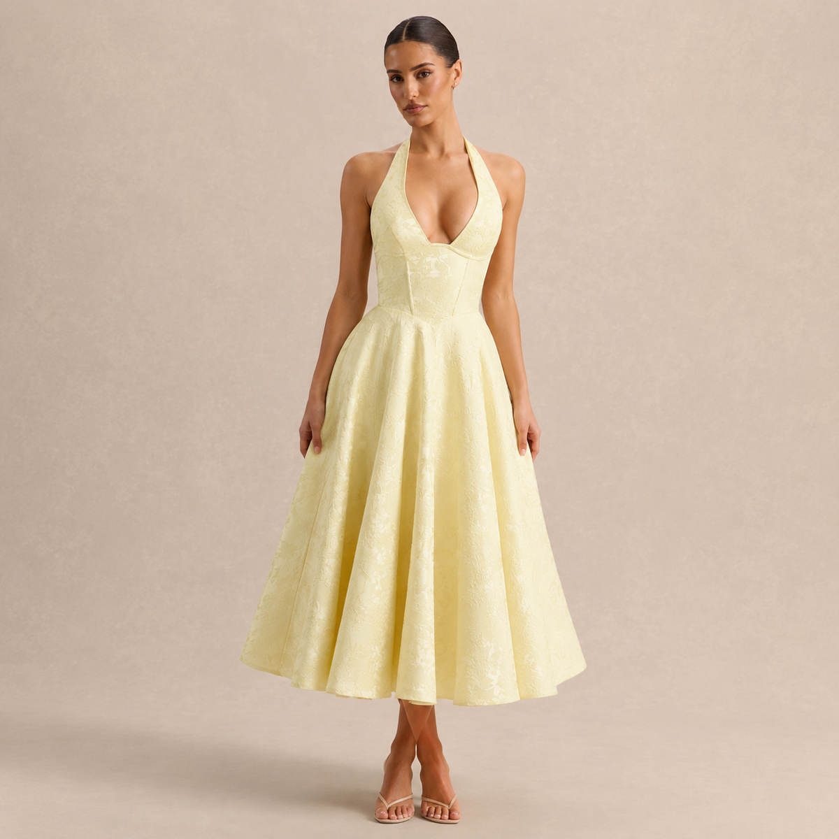 Floral Jacquard Halter Deep V-Neck Fit and Flare Midi Dress 4