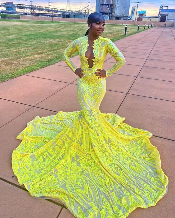 Lemon Long Sleeves Prom Dress Mermaid Sequins - Fashionpara