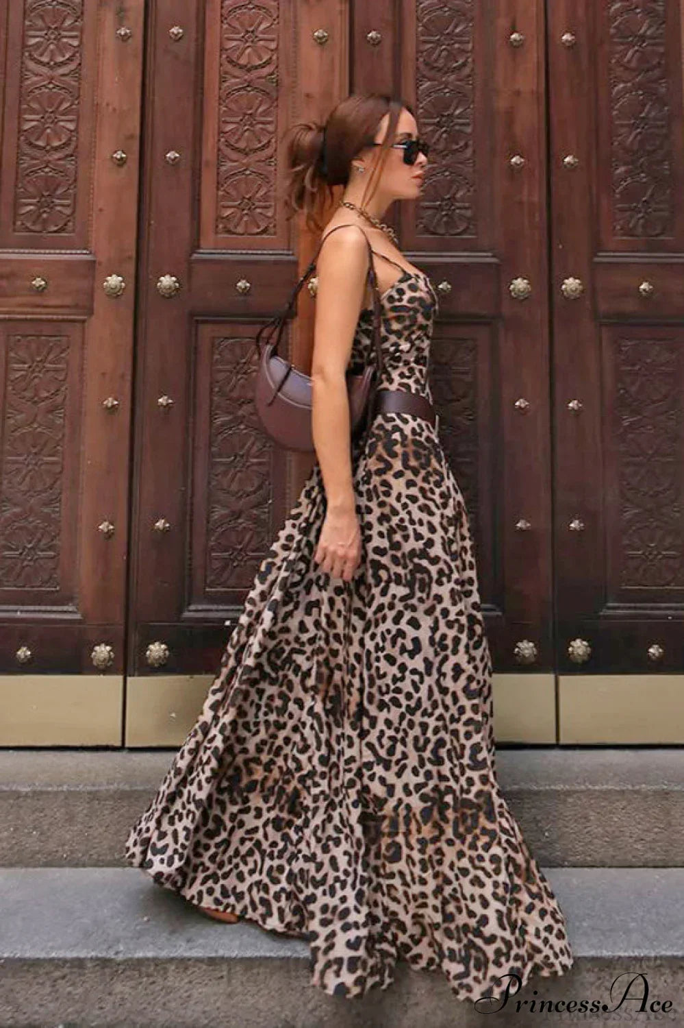 Leopard Print Sweetheart Sleeveless A-Line Maxi Dress