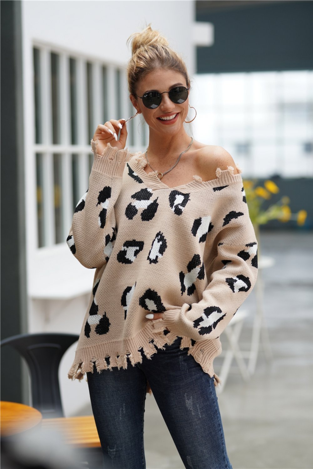 RadyRin Leopard Print Frayed Hem Loose Sweater for Comfort