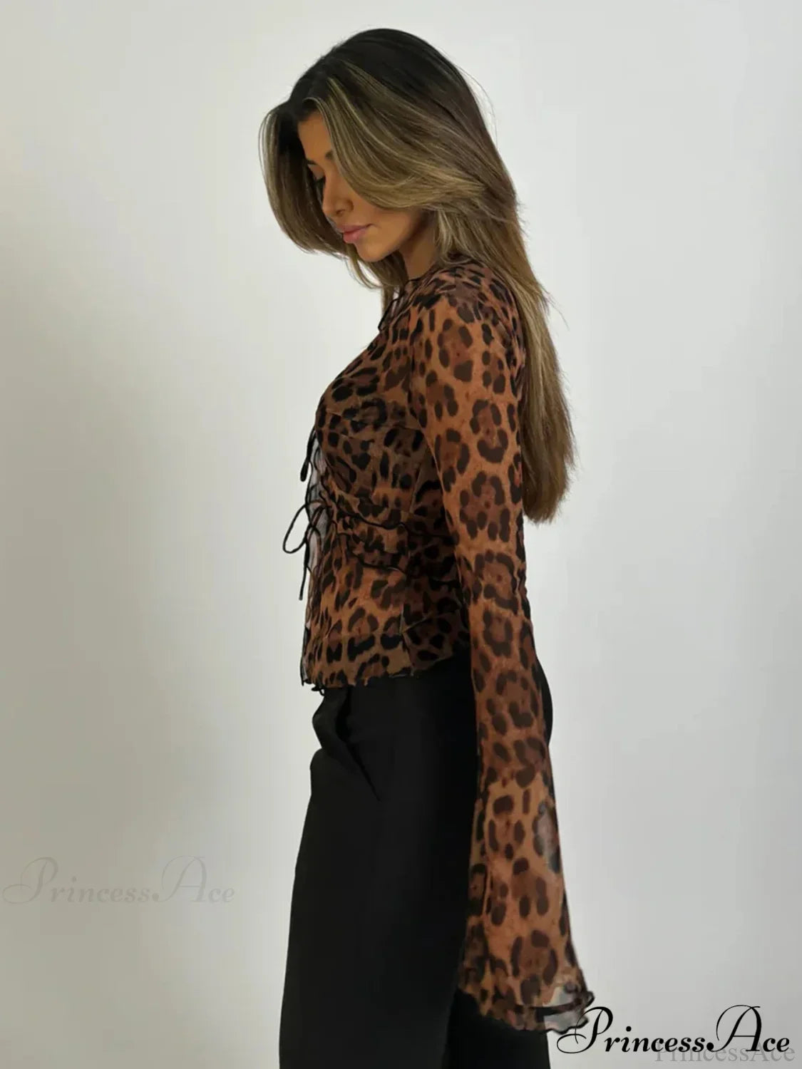 Leopard Mesh See-Through Tie-Front Blouse