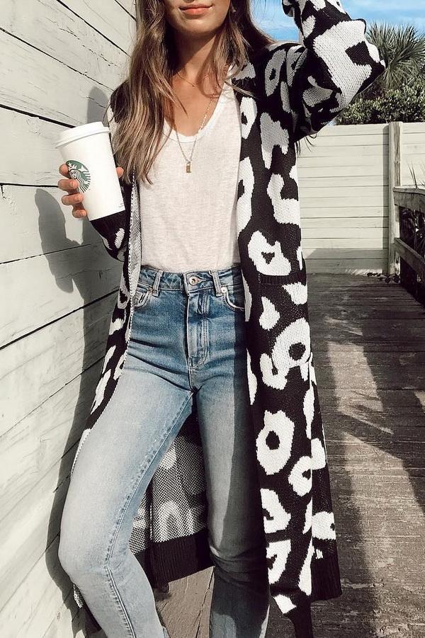 Leopard Print Long Sweater Coat for Stylish Warmth