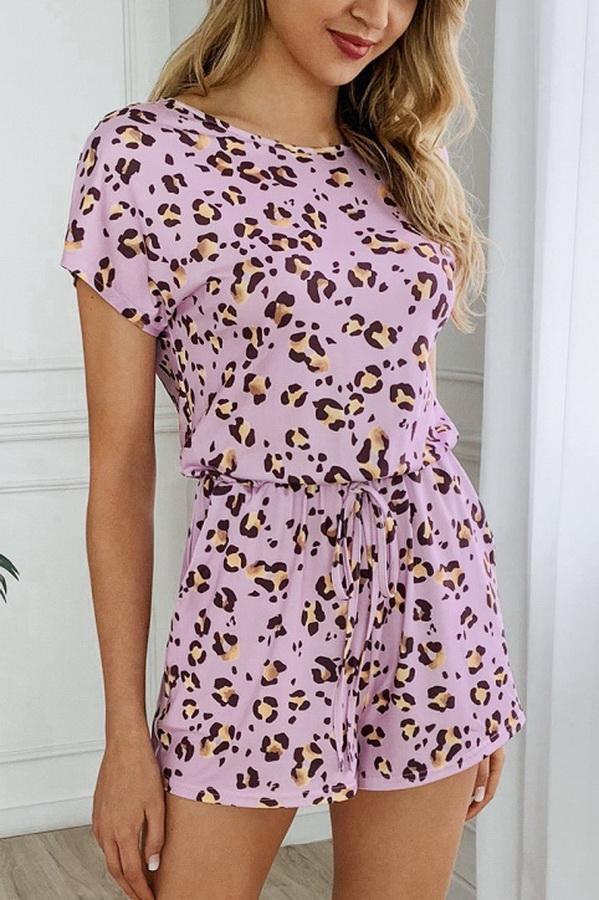 Leopard Print Pocket Drawstring Waist Jumpsuit