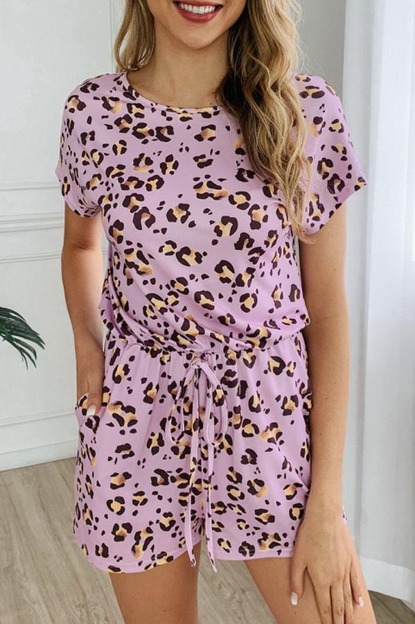 Leopard Print Pocket Drawstring Waist Jumpsuit