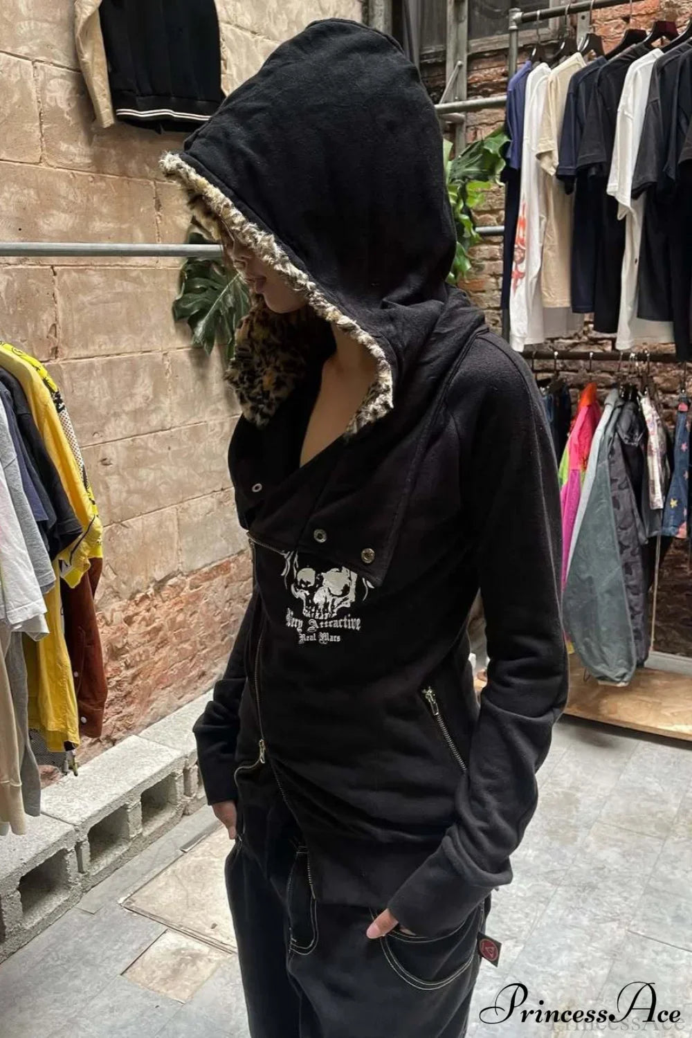 Leopard Print Streetwear Slim Asym Zip Hoodie