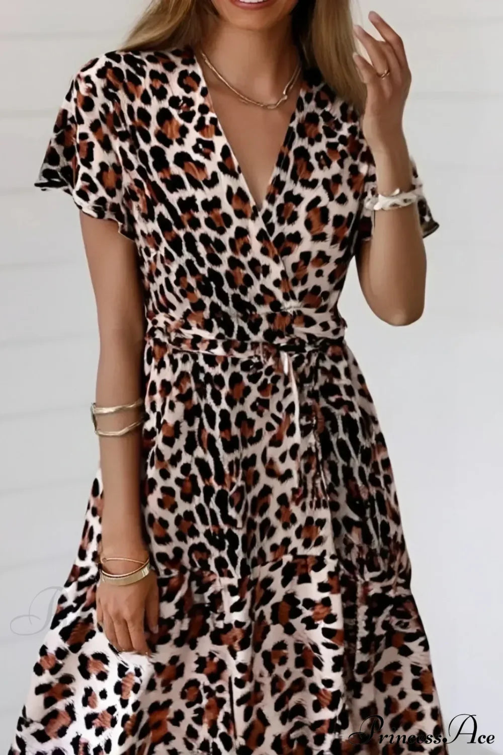 Leopard Print Vacation Wrap Mini Boho Dress Black / S bohodress-250126