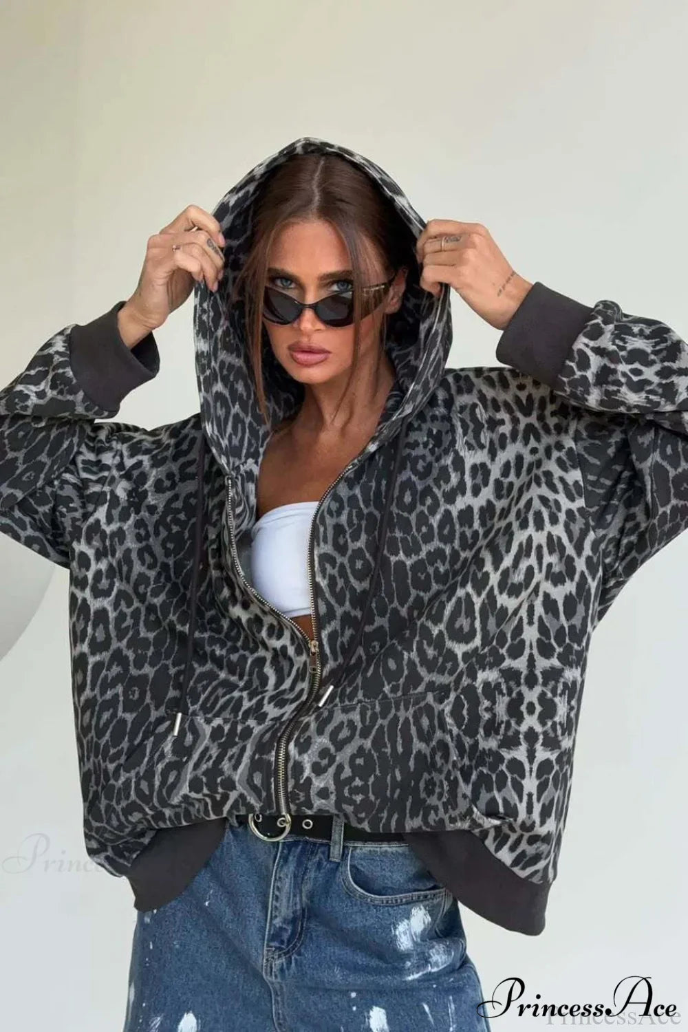 Leopard Print Zip Color-Block Hoodie Grey / S