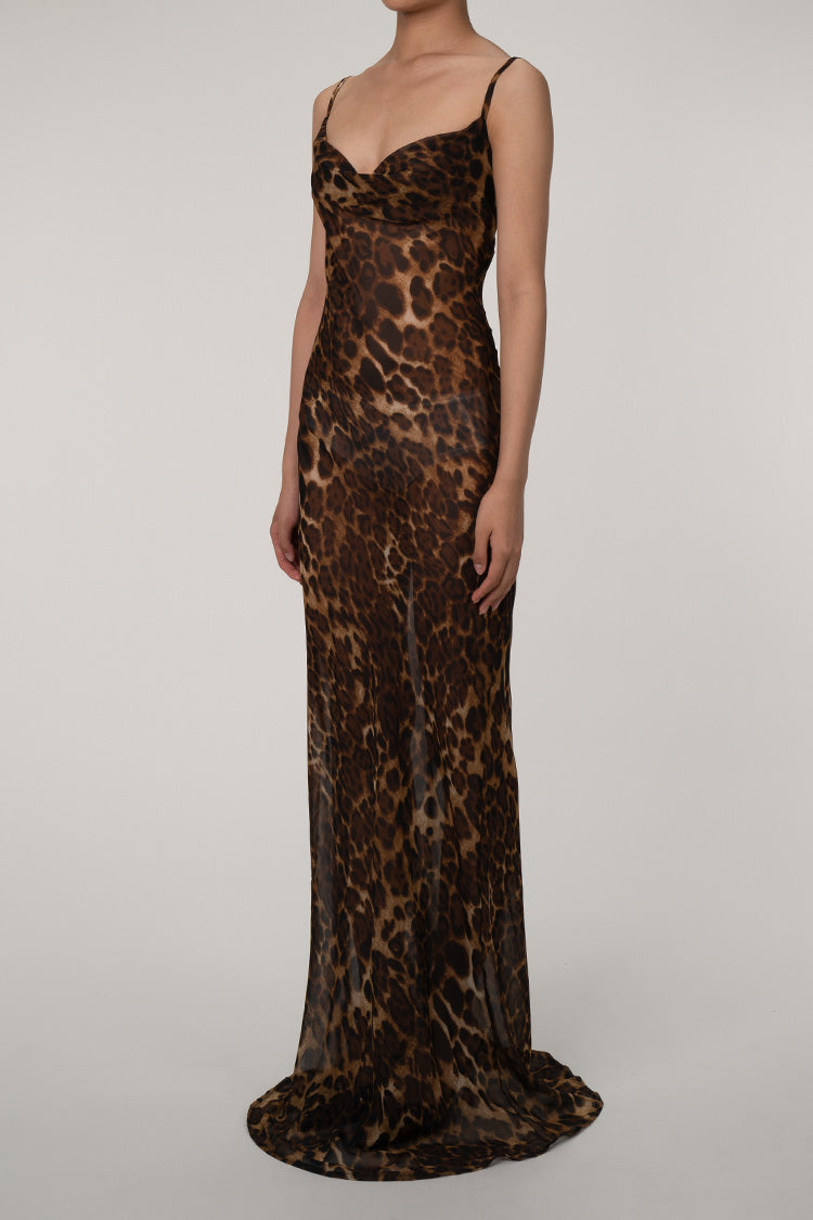 Leopard Spaghetti Strap Cowl Neck Chiffon Slip Maxi Dress - Coffee  Fashionpara