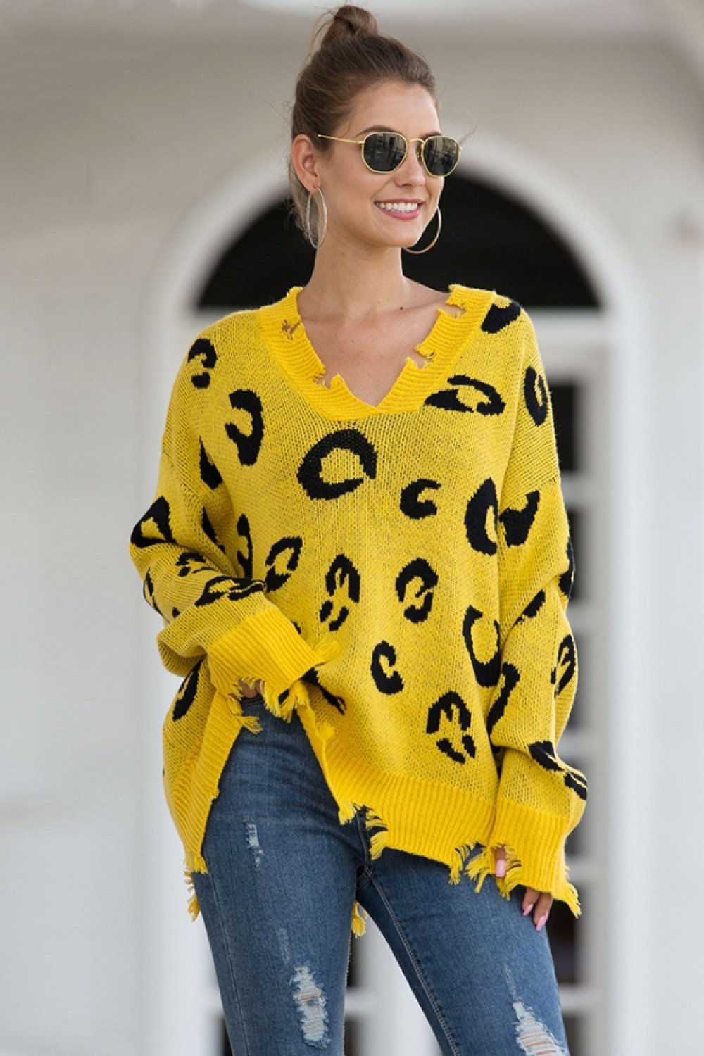 RadyRin Leopard V Neck Sweater with Frayed Detail