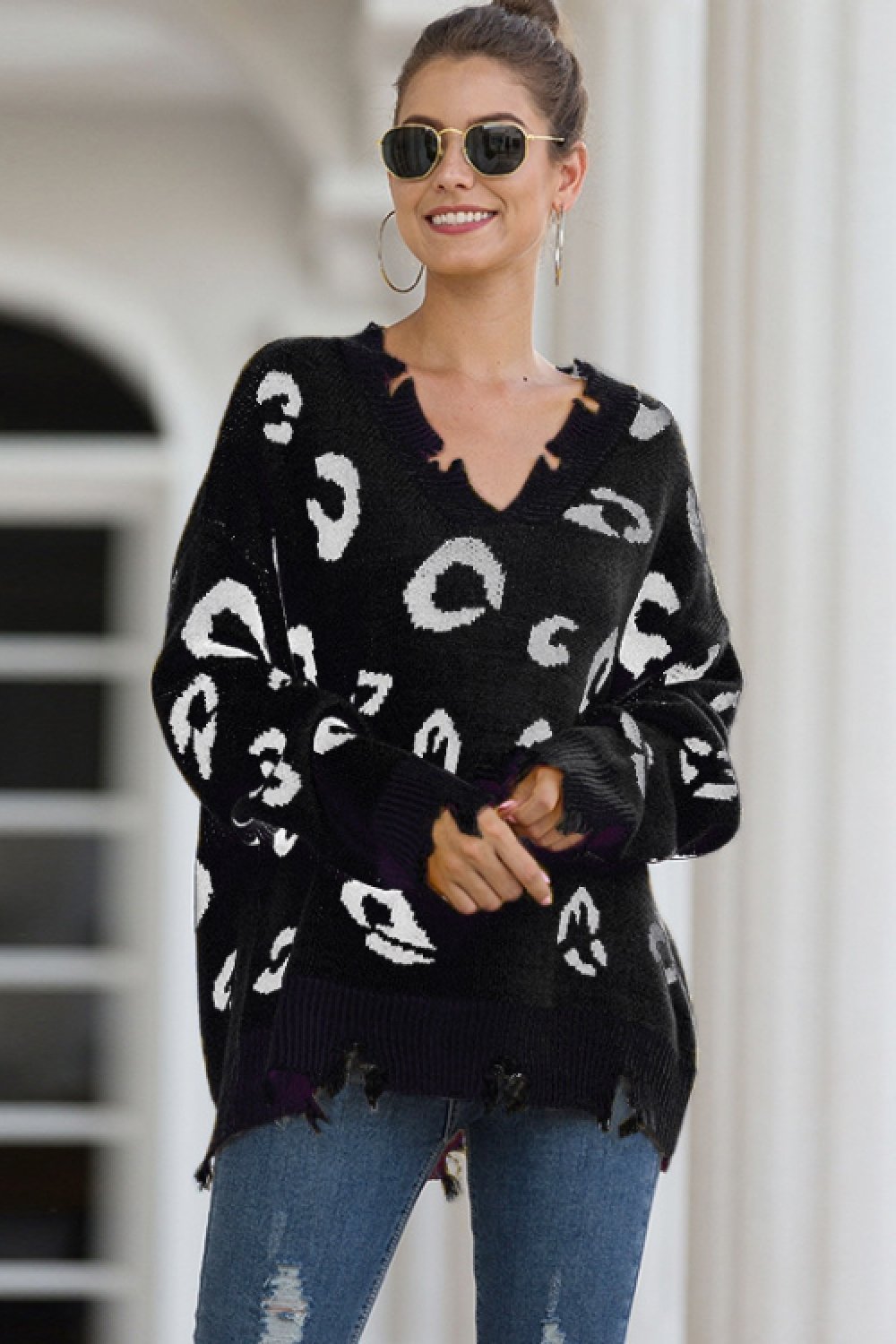 RadyRin Leopard V Neck Sweater with Frayed Detail