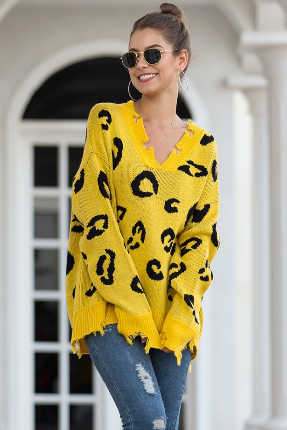 RadyRin Leopard V Neck Sweater with Frayed Detail