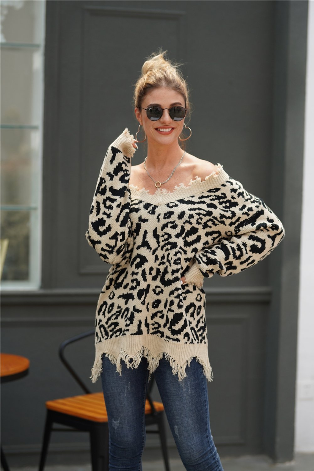 RadyRin Leopard V Neck Loose Sweater in Blanched Almond