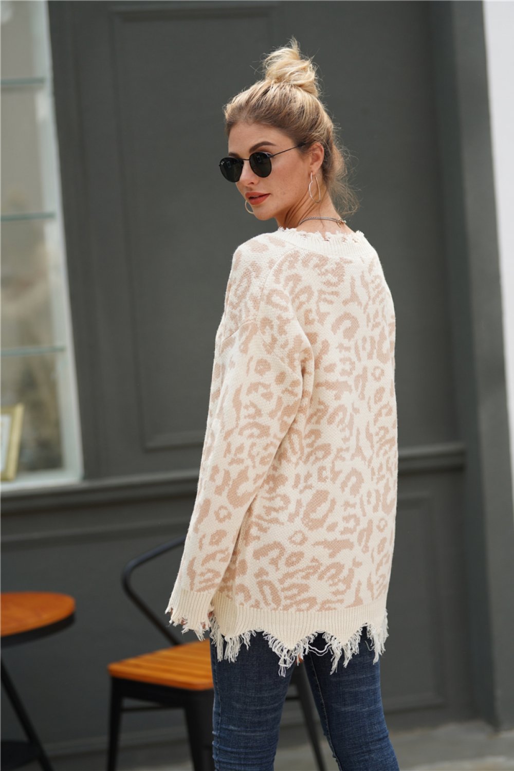 RadyRin Leopard Print V Neck Loose Sweater for Effortless Style