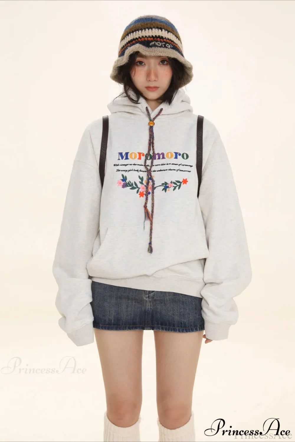 Letter Embroidery Relaxed Thickened Hoodie White Gray / S