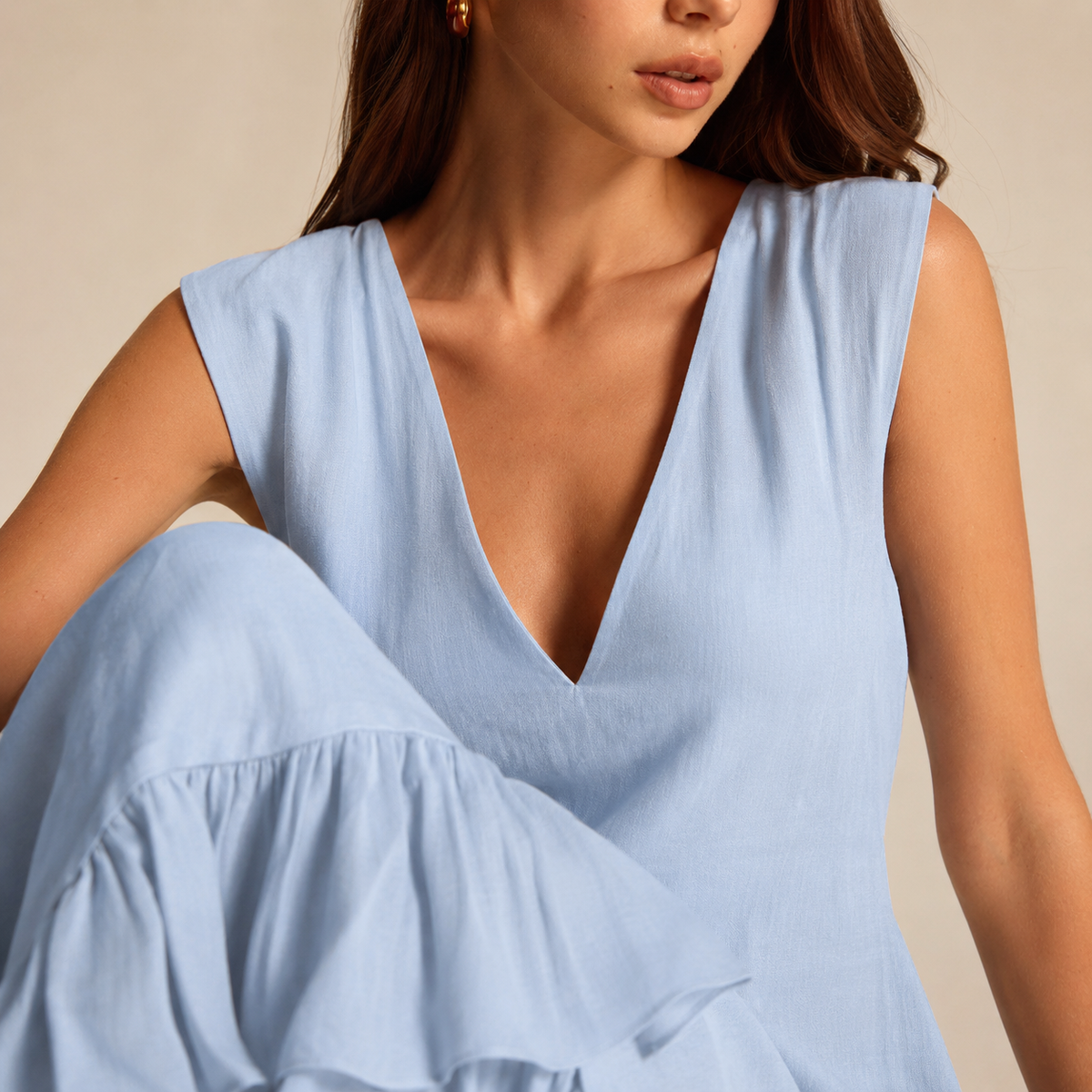 Linen Look V-Neck Ruffle High Low Midi Dress 8