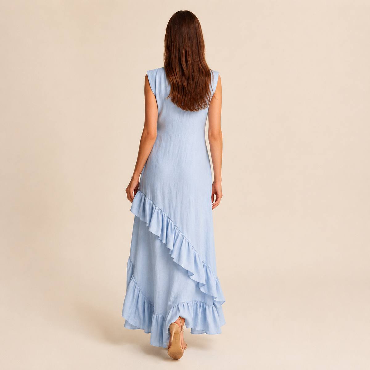 Linen Look V-Neck Ruffle High Low Midi Dress 9