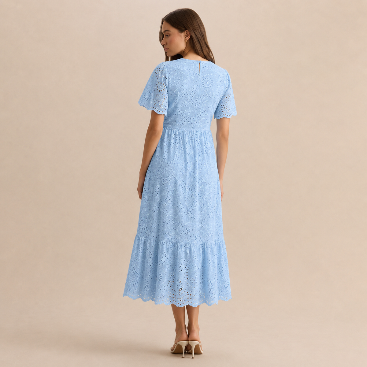 Round Neck Puff Sleeve Eyelet Tiered Midi Dress 18