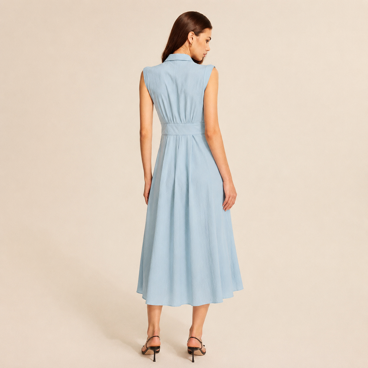 Notch Lapel Sleeveless Button Front A-Line Midi Dress 9