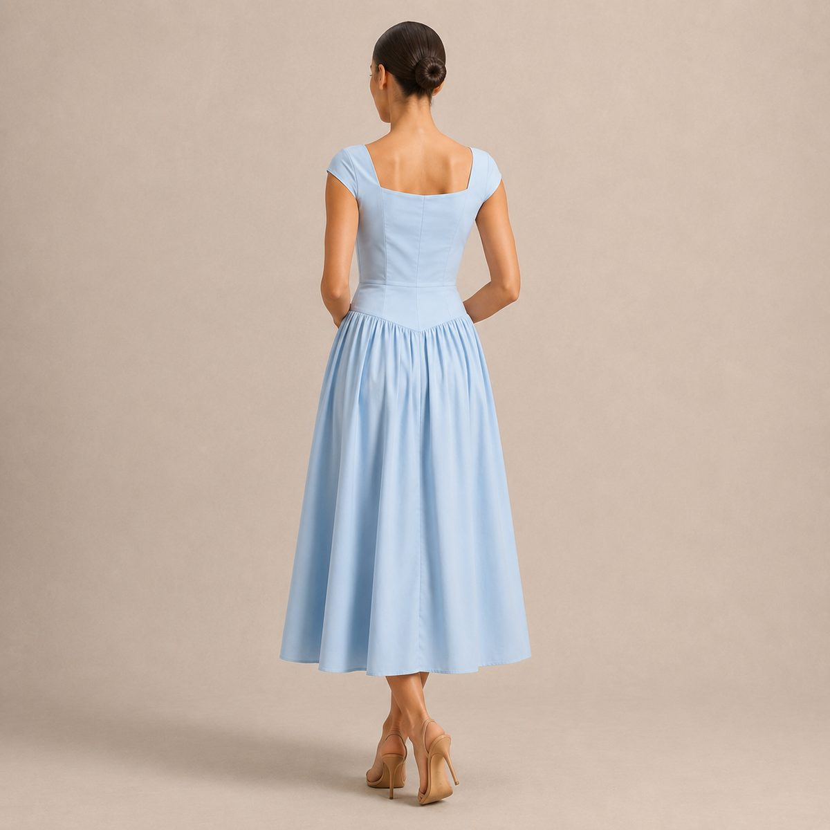 Square Neck Cap Sleeve Ruched Corset Fit and Flare Midi Dress 9
