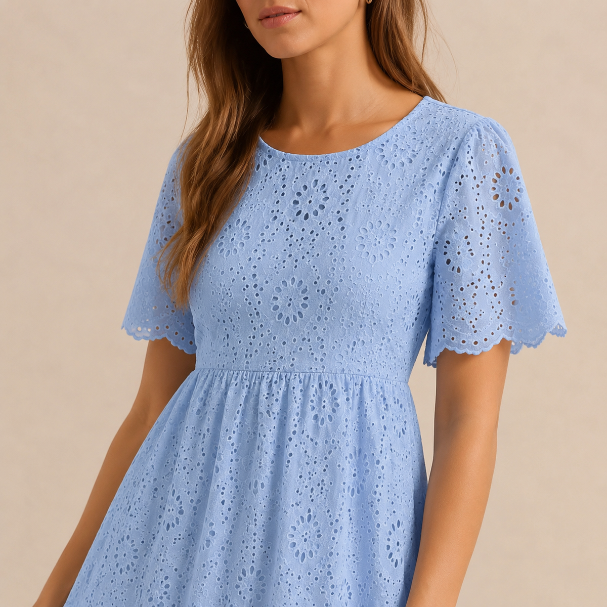 Round Neck Puff Sleeve Eyelet Tiered Midi Dress 17