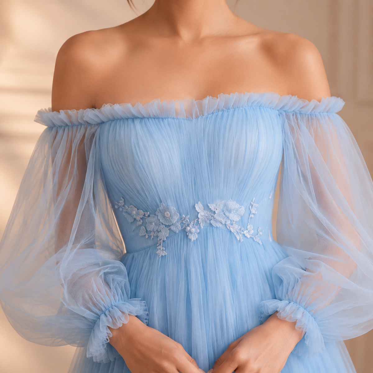 Off Shoulder Bishop Sleeve Floral Applique Tiered Tulle Gown 8