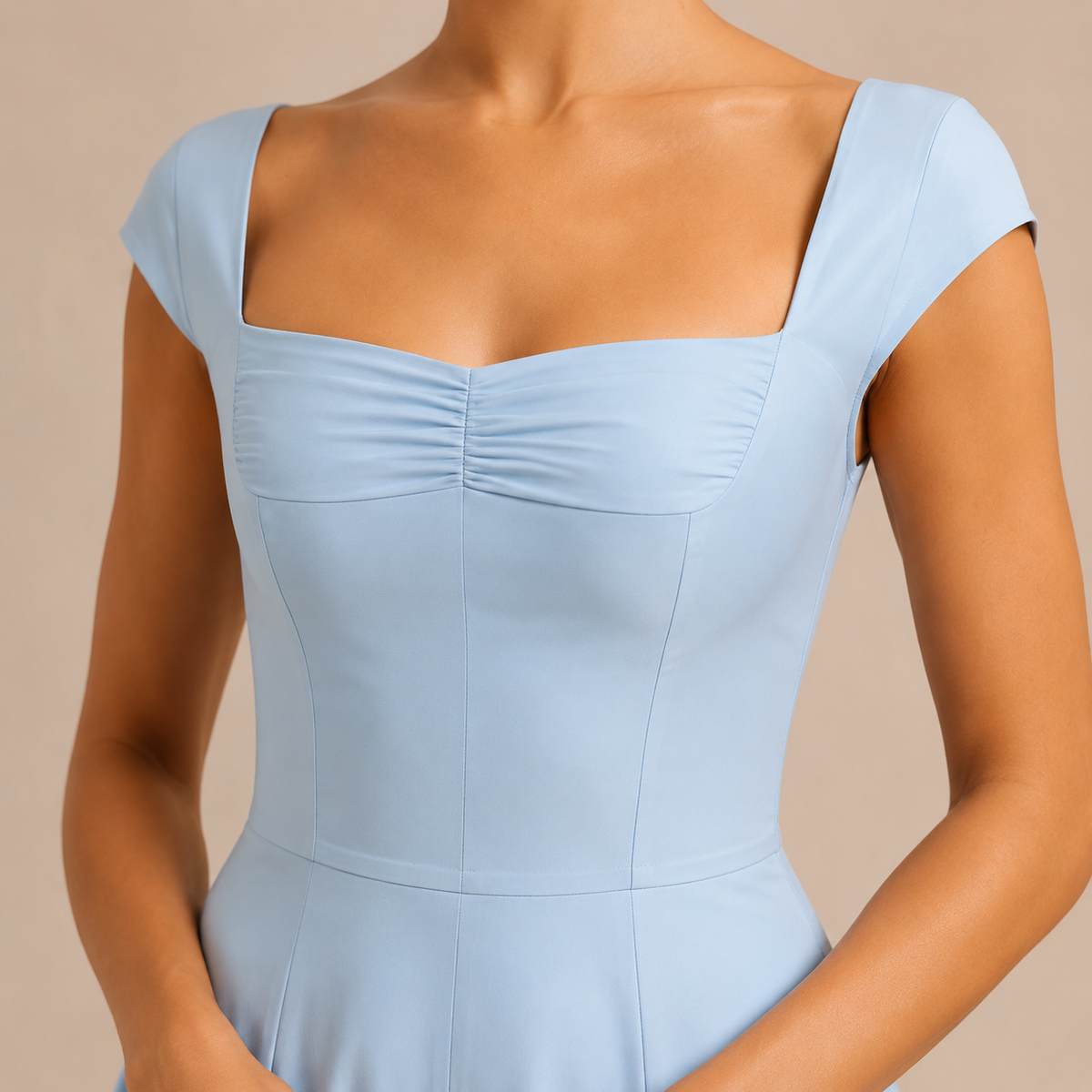 Square Neck Cap Sleeve Ruched Corset Fit and Flare Midi Dress 8