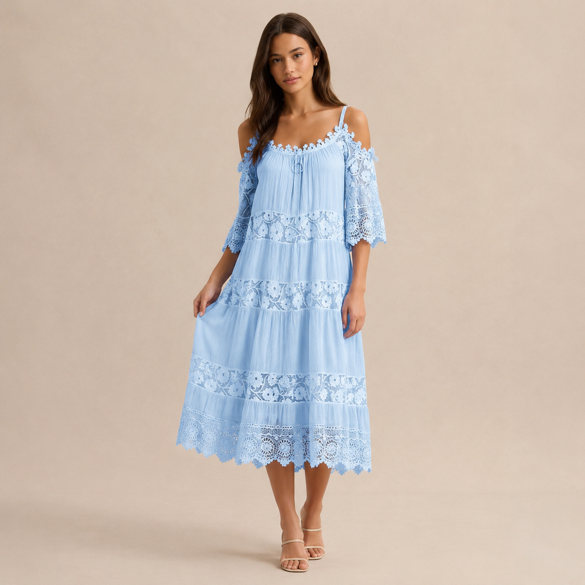 Off Shoulder Crochet Lace Trim Tiered Midi Dress 16