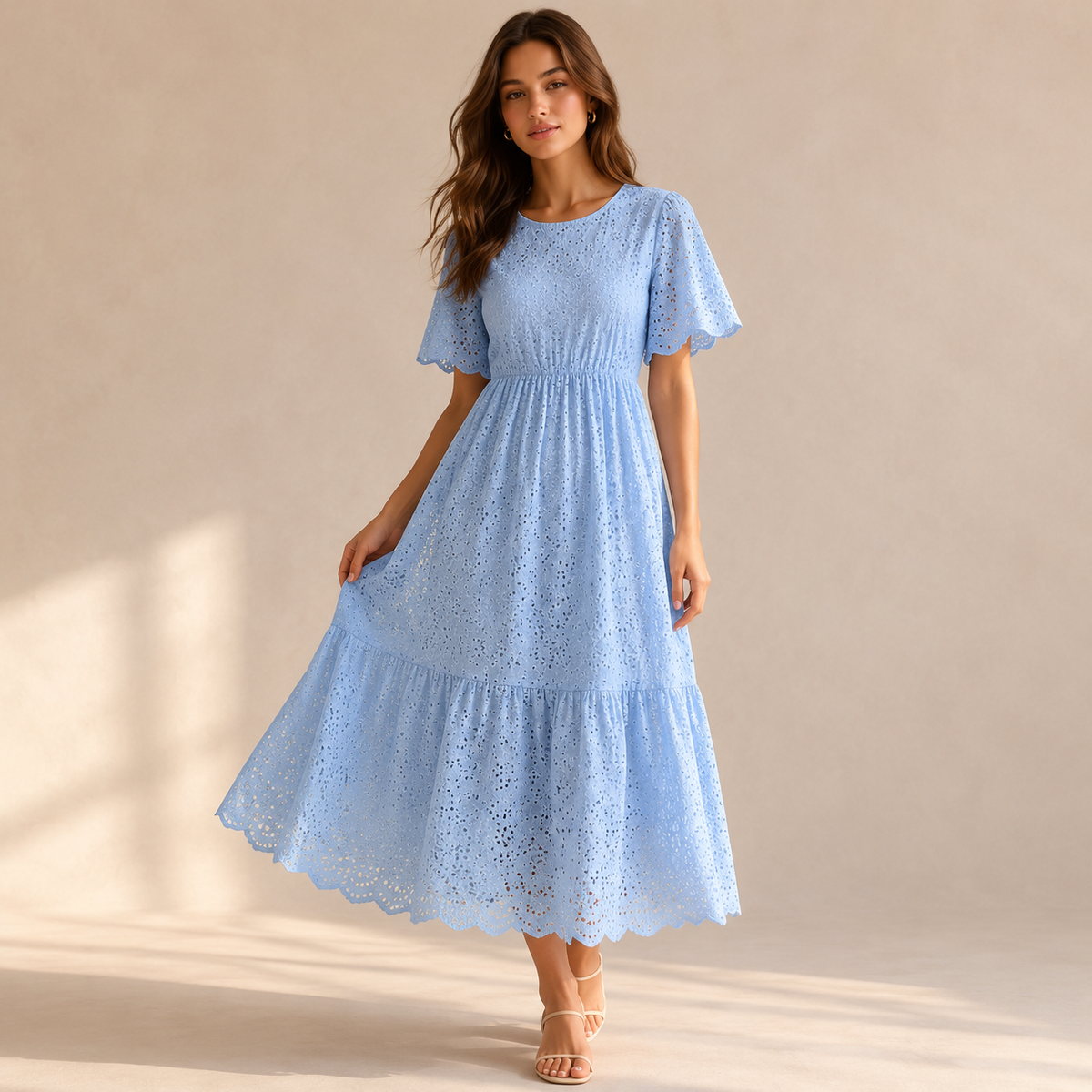 Round Neck Puff Sleeve Eyelet Tiered Midi Dress 16