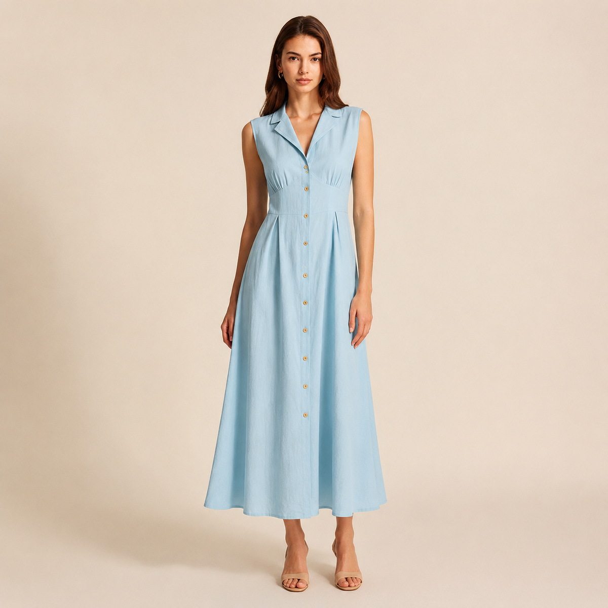 Notch Lapel Sleeveless Button Front A-Line Midi Dress 7