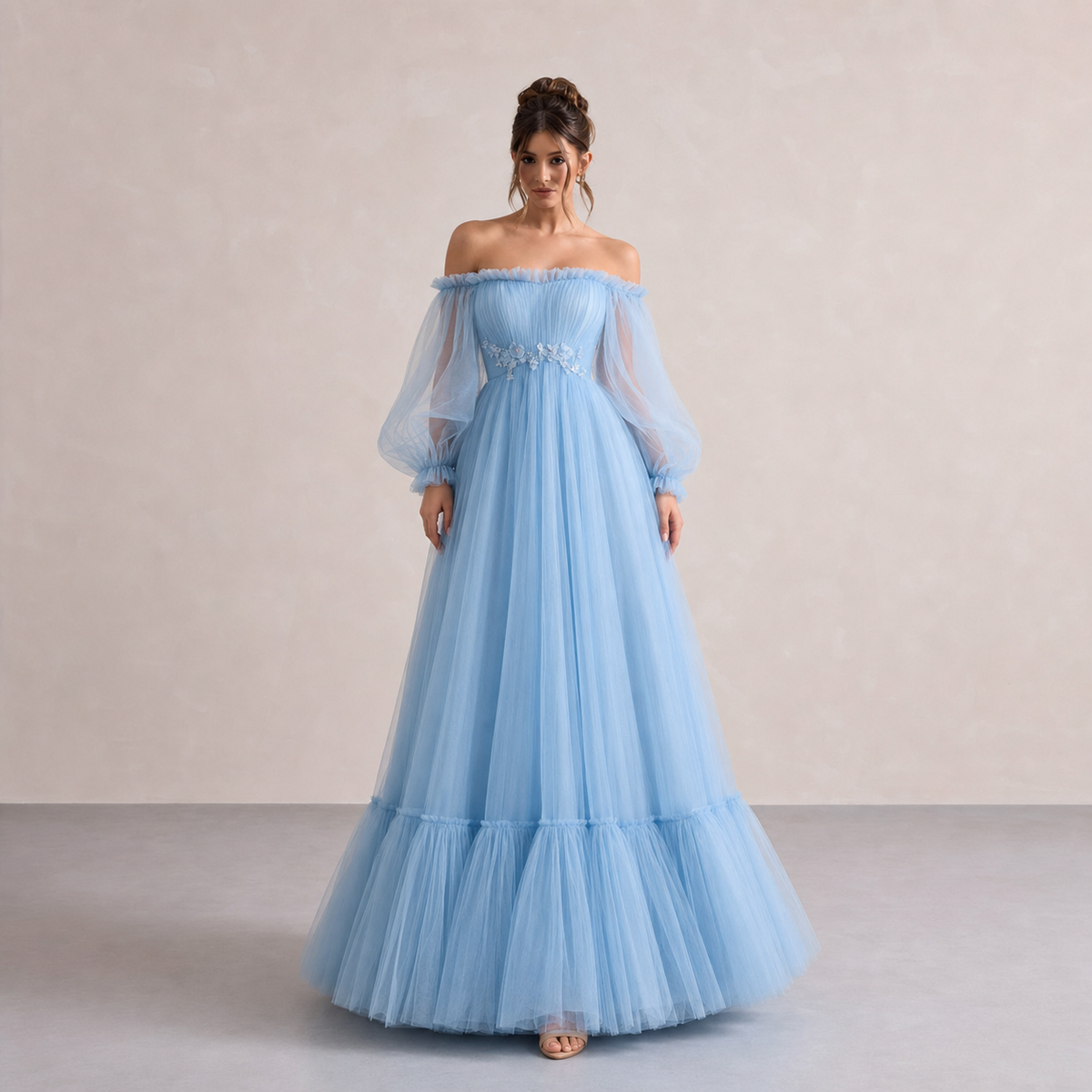Off Shoulder Bishop Sleeve Floral Applique Tiered Tulle Gown 7