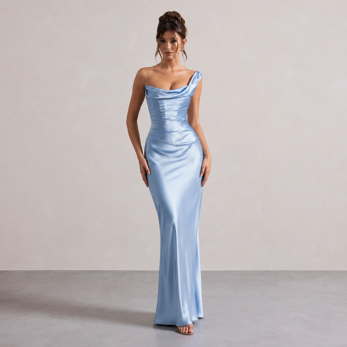 Off Shoulder Ruched Satin Fishtail Maxi Gown 7