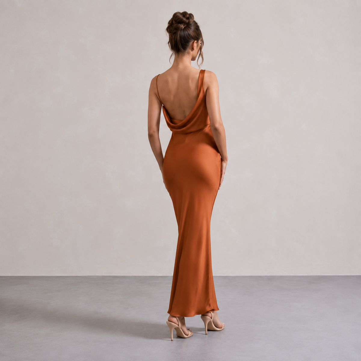 Cowl Neck Asymmetric Strap Satin Slip Maxi Dress 15