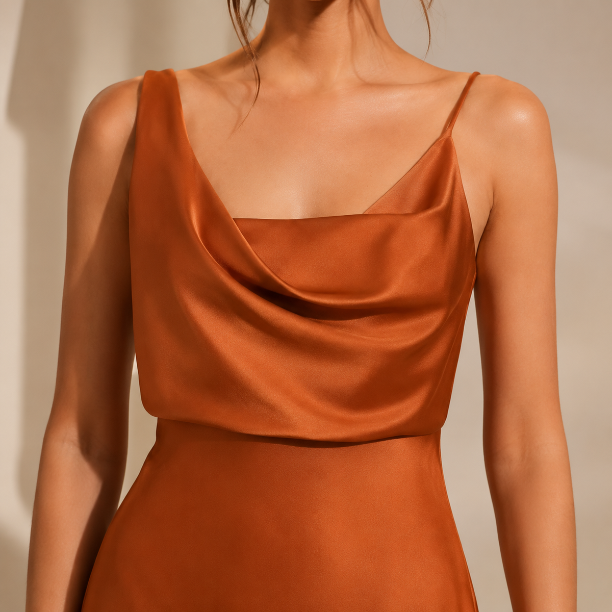 Cowl Neck Asymmetric Strap Satin Slip Maxi Dress 14