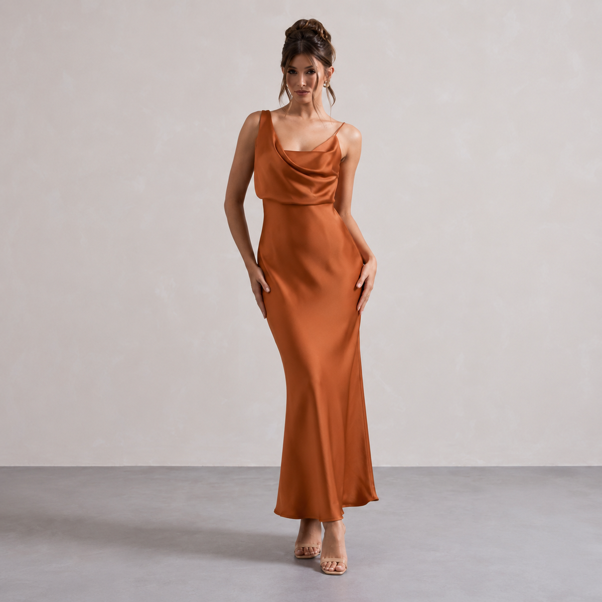 Cowl Neck Asymmetric Strap Satin Slip Maxi Dress 13