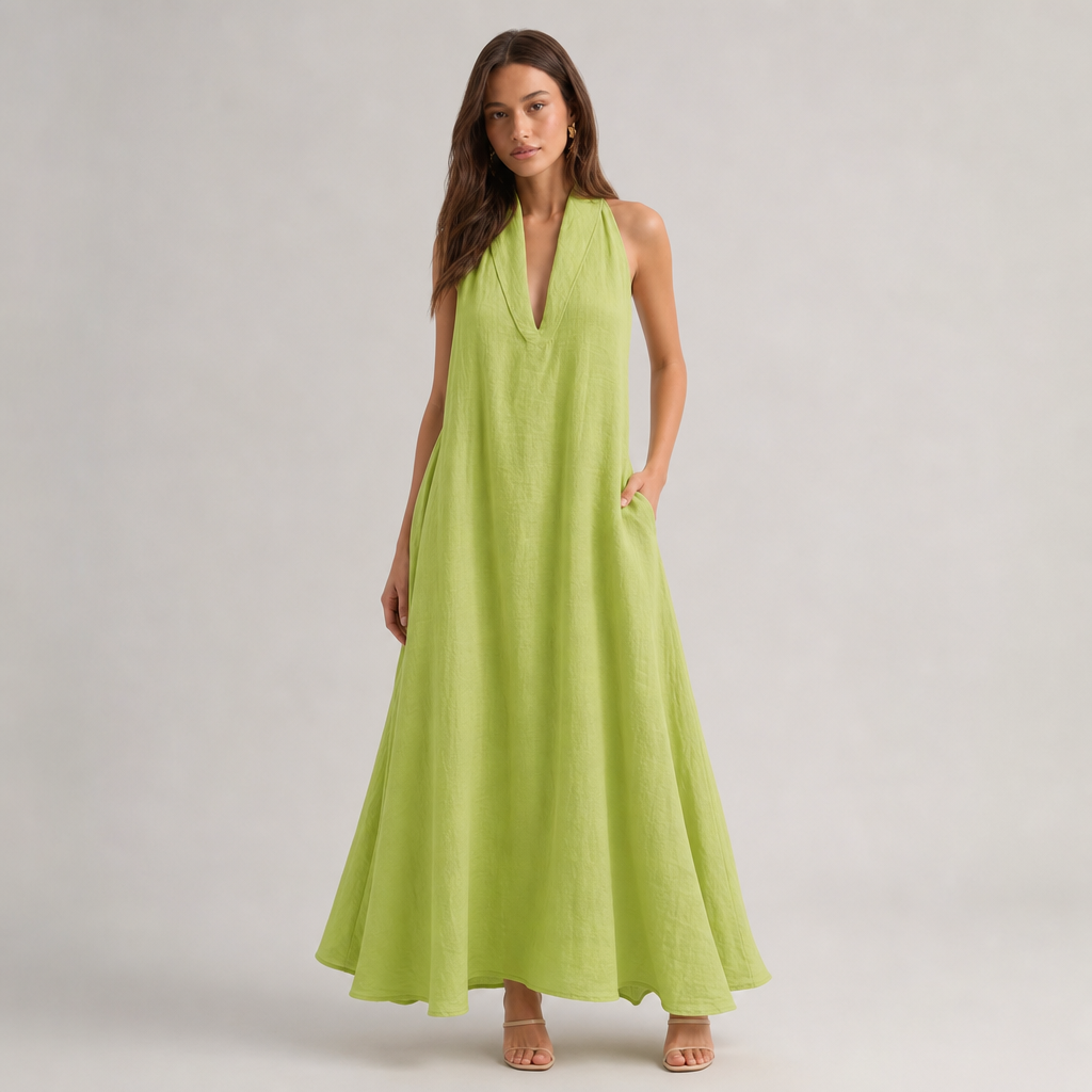 Halter V-Neck Sleeveless A-Line Linen Maxi Dress 4