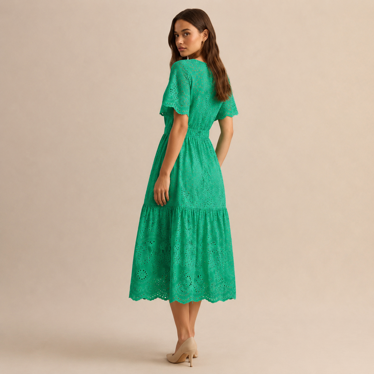 Round Neck Puff Sleeve Eyelet Tiered Midi Dress 12