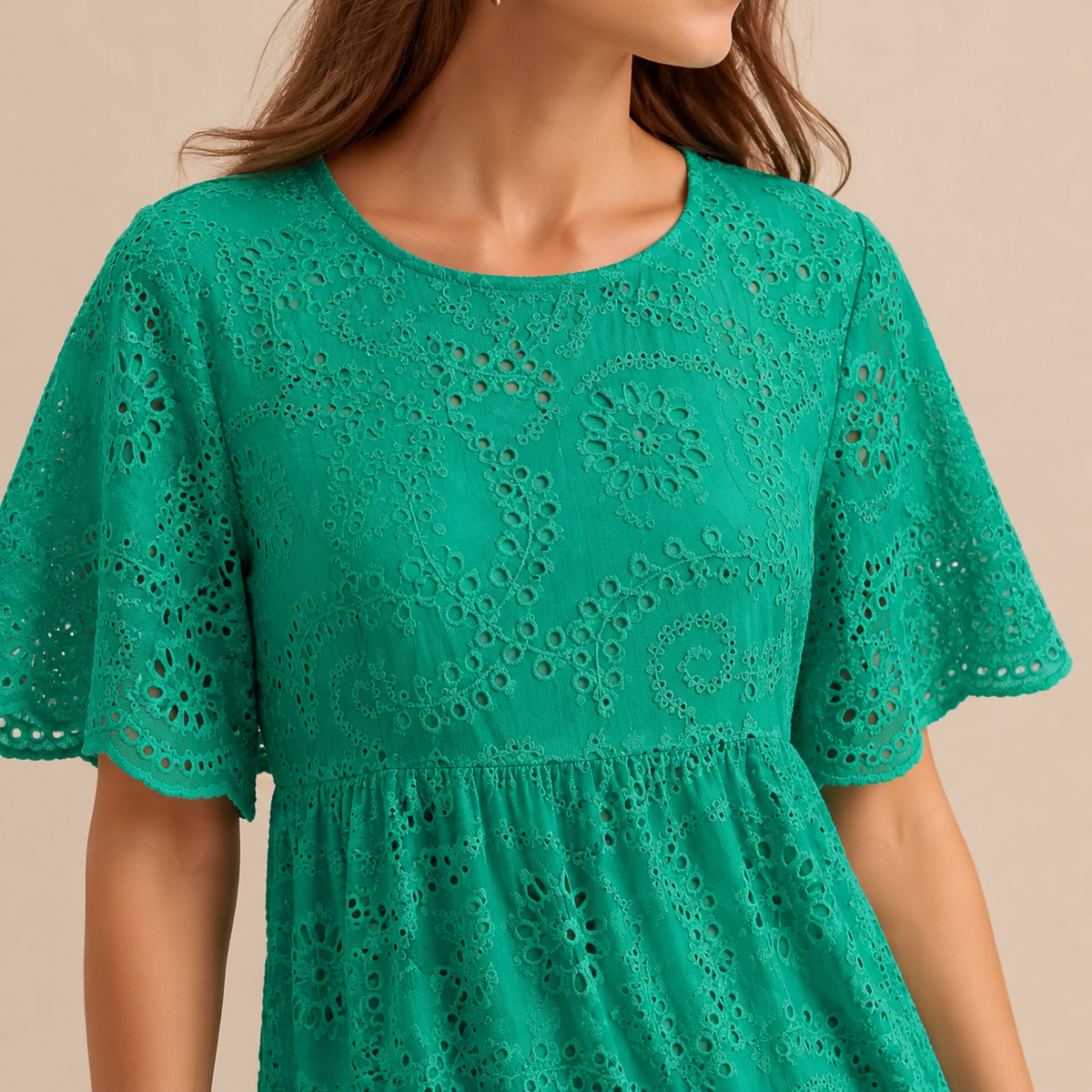 Round Neck Puff Sleeve Eyelet Tiered Midi Dress 11