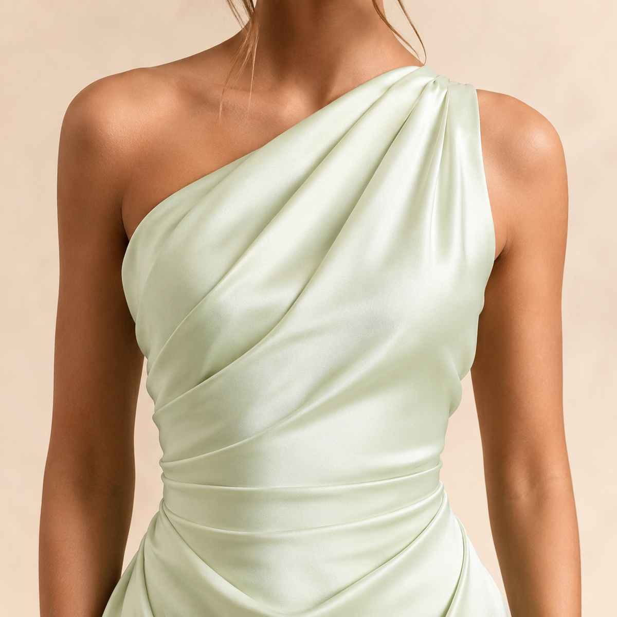 One Shoulder Ruched Draped Satin Midi Dress 14