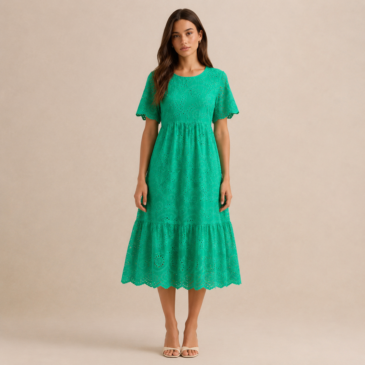 Round Neck Puff Sleeve Eyelet Tiered Midi Dress 10